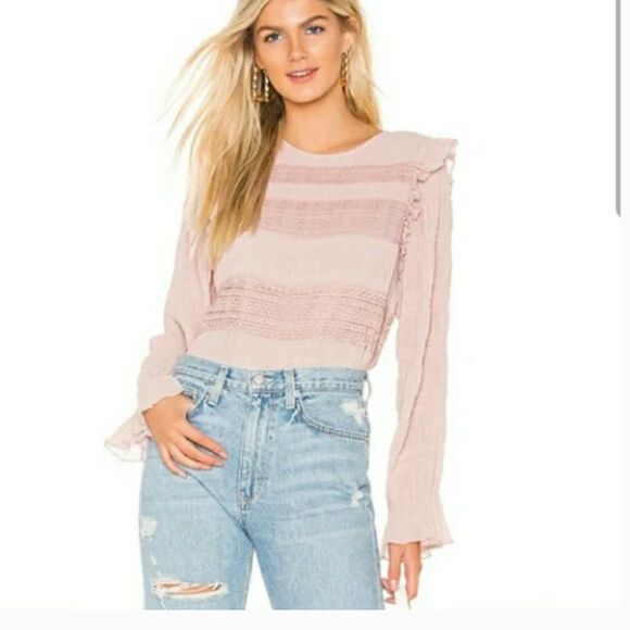 Velvet by Graham & Spencer | Blush Pink Lace Trim Long Sleeve Blouse - Picture 1 of 8